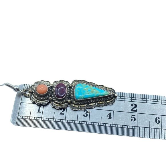 Sterling Silver 3 Stone Stamped Turquoise Coral Sugalite Dangle Earrings Native - Picture 8 of 10